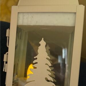White Decorative Lantern with Pine Tree Cutout